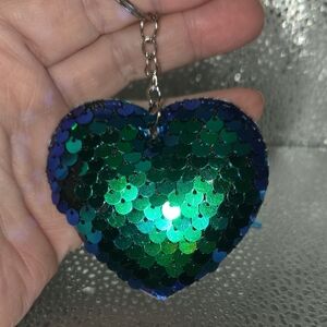 Green and Blue Sequin Heart Keychain